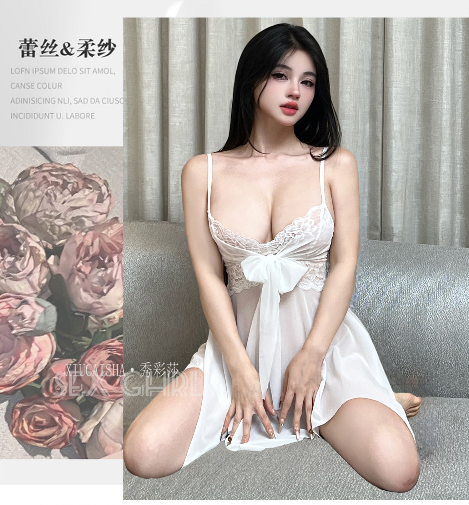 Lace Mesh Babydoll Nightgown Set with Thong and Open-Crotch Stockings, Black One Size — detail image 16