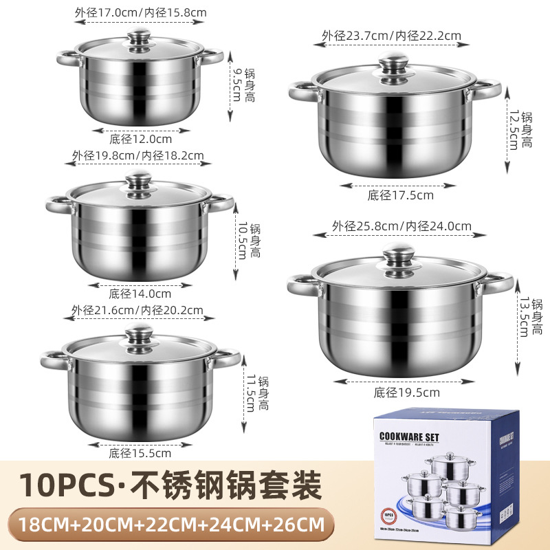 Cocina de suministro directo transfronterizo Sudeste de Asia Acero inoxidable Olla de sopa de 12 piezas Olla de leche con hervidor espesado olla regalo