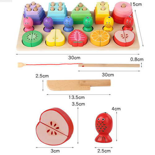 Wooden fishing cut and watch clip bee three-in-one set of pillars for children's early education Montessori hand-eye coordination and color recognition toys