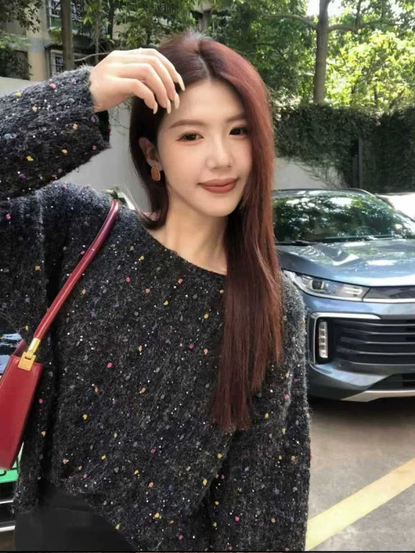 2025欧洲站早秋新款时尚圆领豆豆亮片针织衫女百搭显瘦长上衣|undefined