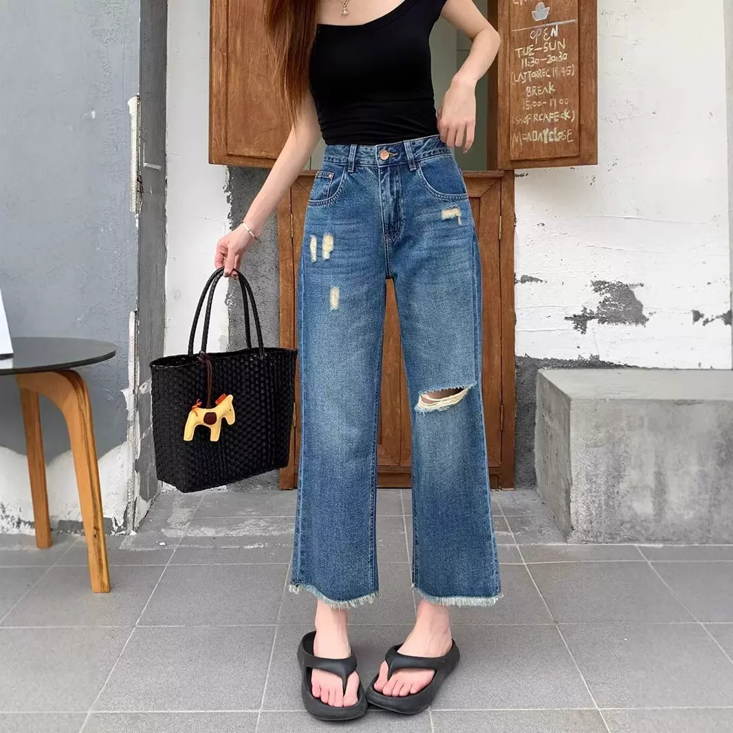 夏季新款九分牛仔裤破洞毛边法混牛仔裤女窄版直筒阔腿裤子小个子