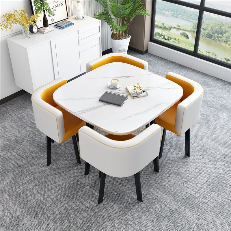 [Factory] 80 square table with imitation white stone pattern, yellow and white l…