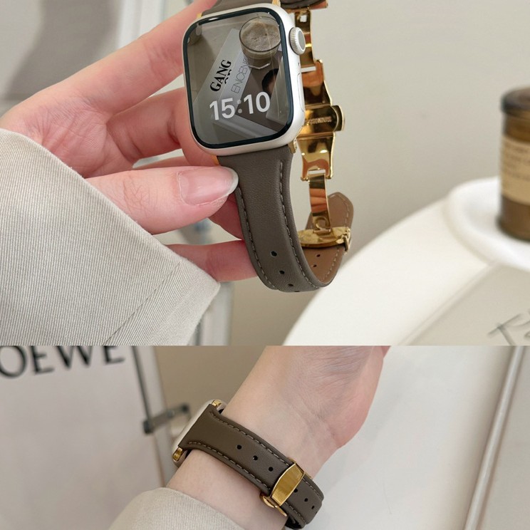 Suitable for Apple Watch Applewatch9 Strap Genuine Leather Comfortable Butterfly Buckle Iwatch876543Ses10