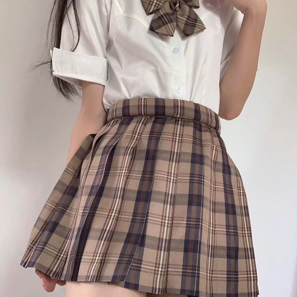 Brown student pleated skirt, plus size