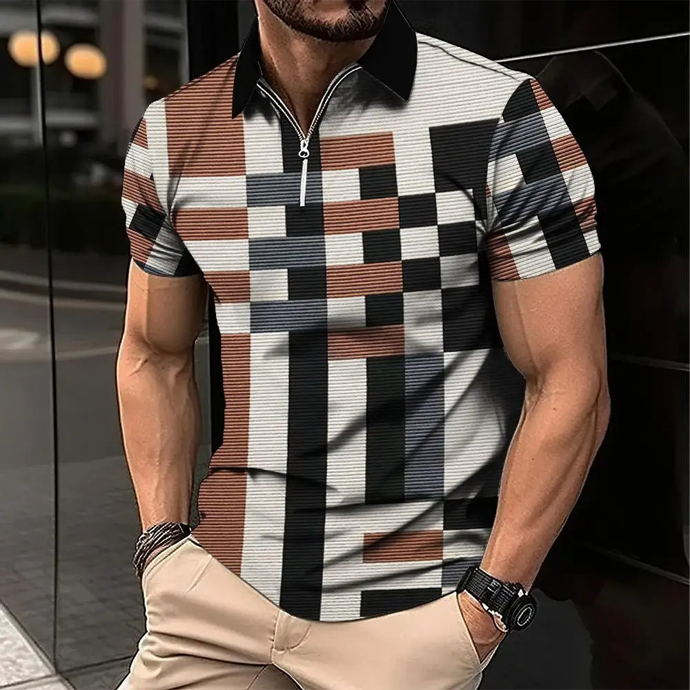 Spring and summer men's retro polo shirt men's fashion plaid pattern short-sleeved shirt 3D short-sleeved casual zipper lapel