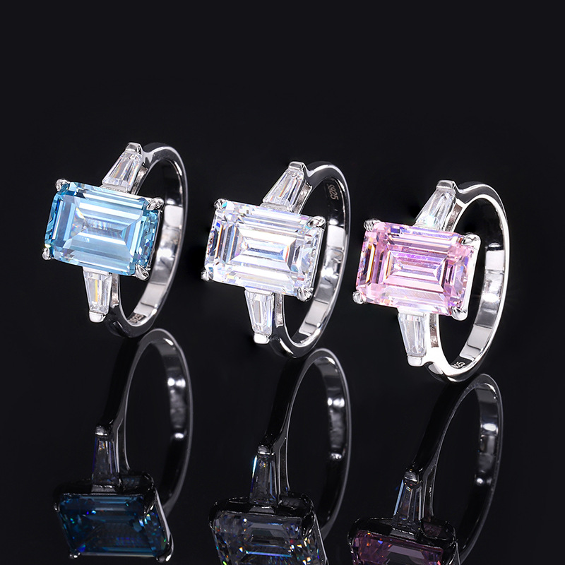 Zhuang Sheng joyería S925 Tongcai Bao simulación ascut Diamante de color clásico diamante cuadrado con incrustaciones anillo mujer piedra principal 8*11