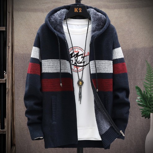 Men's autumn and winter new plush and thick sweater jacket, fashionable and loose color matching knitted cardigan jacket_voghion.com