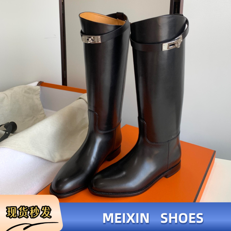 H brand classic genuine leather buckle knight boots 2026 autumn/winter new British style single boots high-tube leather boots long boots for women H brand classic genuine leather buckle knight boots 2026 autumn/winter new British style single boots high-tube leather boots long boots for women