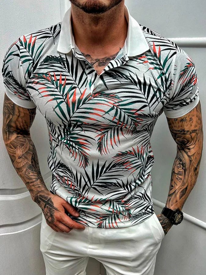 Men's Clothing casual popular printed polo shirt lapel short-sleeved zipper T-shirt _vogarts.com