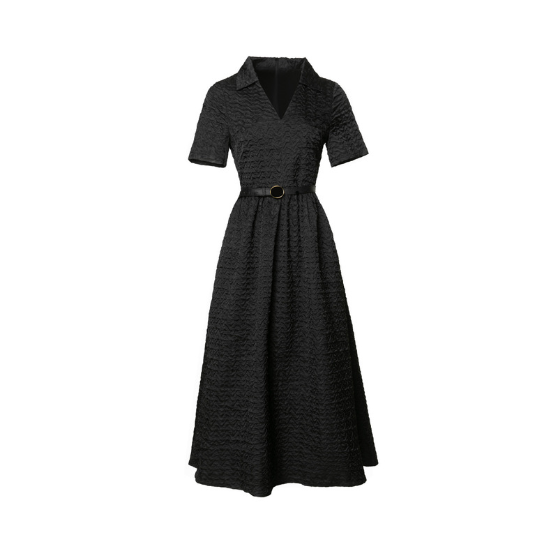 Summer new D home black matte technology fabric bubble yarn effect with belt long dress