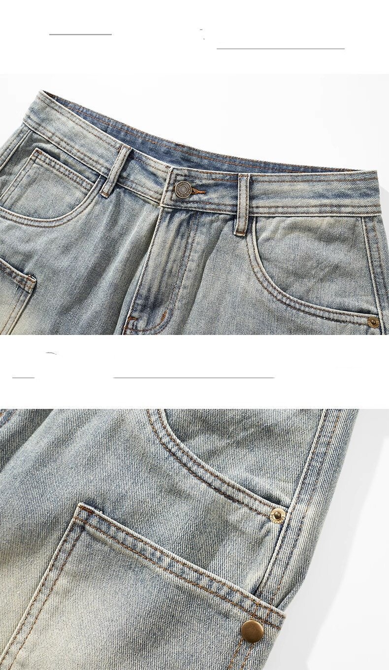 Men's Summer Thin Denim Shorts Casual Loose Fit mid Waist with Multi Pockets High-End Washed Design Trendy Five-Point Pants_mkmklike.com