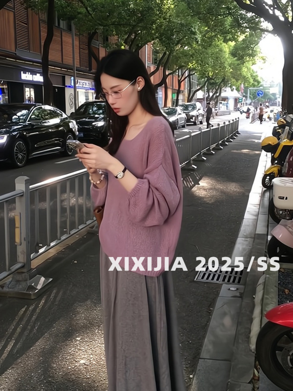 CHIC希希家 温柔软糯慵懒紫色罩衫女秋冬镂空微透防晒长袖针织衫|undefined