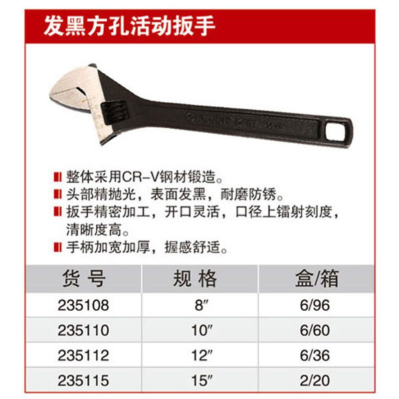 耐世活动扳手 发黑方孔活口扳手 235108 235110 235112 235115