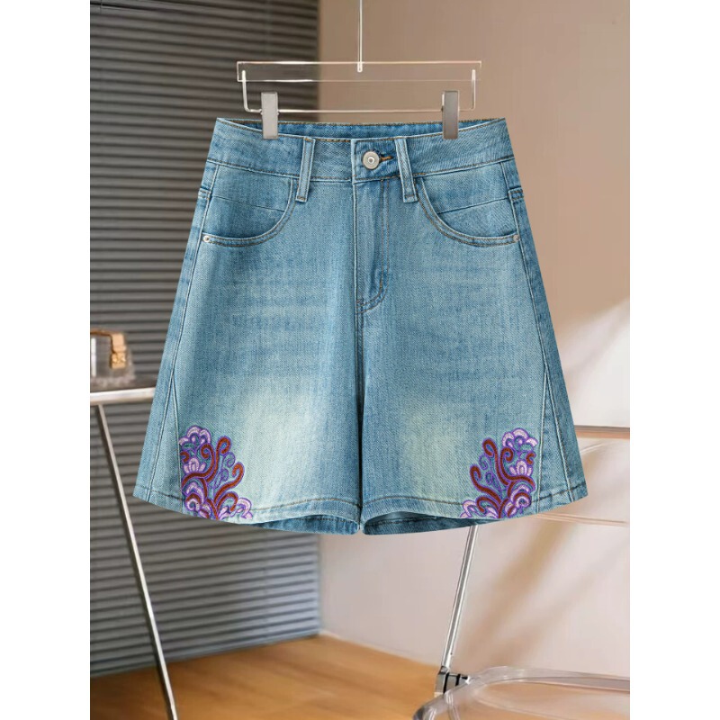 National Style Embroidered Denim A-Line Shorts for Women, Summer 2026 New Model, Super Stylish, High-Waisted, Slimming, Wide-Leg Hot Pants for Outerwear