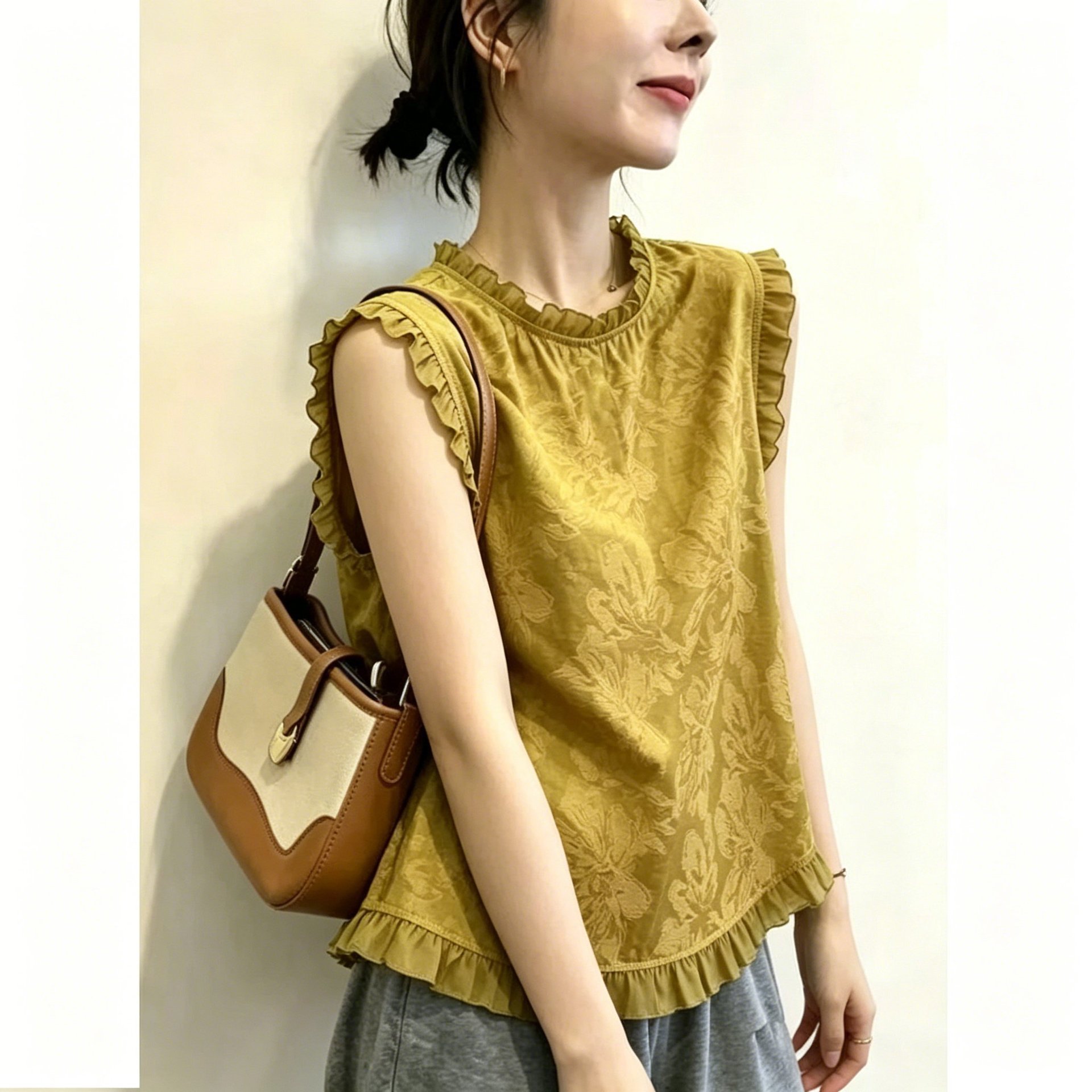 Áo sơ mi không tay viền mộc nhĩ Hàn Quốc phong cách trẻ trung — màu đen chi tiết 5