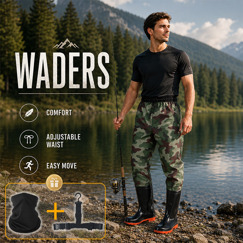New Style Half-Length Wading Pants with Camouflage Pattern, Drying Strap, and Neck Gaiter, Suitable for Fishing and Outdoor Activities