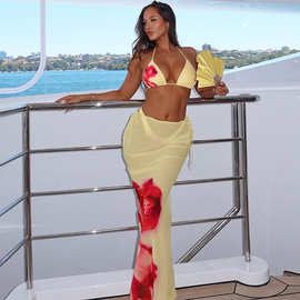 欧美女装2025夏季新款bikini系带泳衣比基尼三件套印花性感套装女