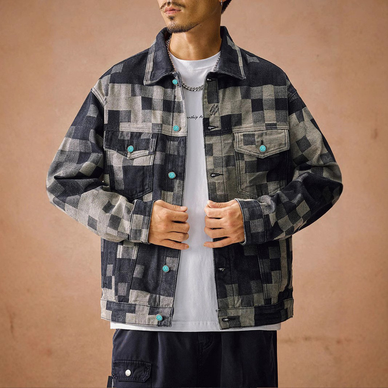 Boneless Plaid Camouflage Jacquard Lv Denim Jacket Top Washed Vintage Trendy Coat Men's Workwear Fashion Brand
