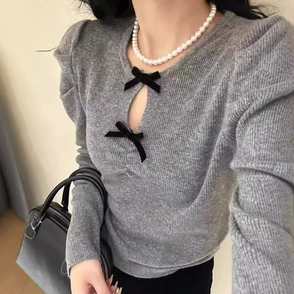 Французский дизайн 2025 осень-зима новая мода бант мягкая восковая пряжа вязаный джемпер элегантный свитер