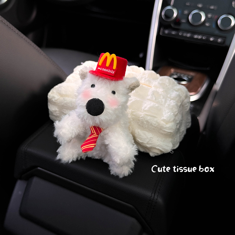 Caja de reposabrazos Caja de pañuelos Caja de dibujo para coche 2024 Nueva muñeca West Highland Decoración de coche Bolsa de pañuelos Mujer linda