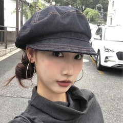日系简约金属标牛仔八角帽子女复古英伦画家贝雷帽显脸小报童帽潮