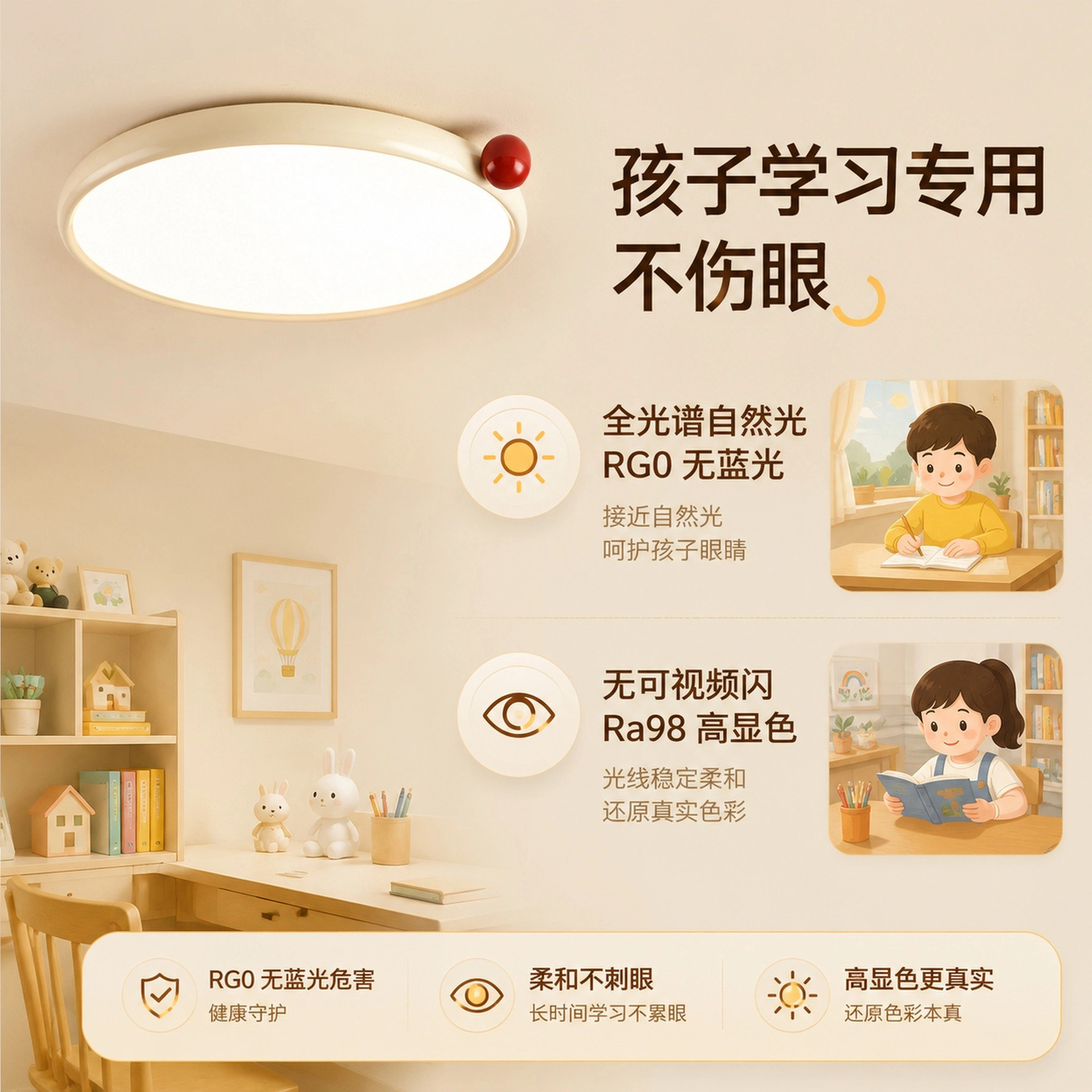 Lámpara de techo del dormitorio francés crema de viento tricolor de luz variable protector de ojos de espectro completo lámpara de habitación de niños Zhongshan lámparas