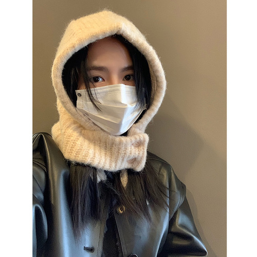 Korean INS style beanie women children's winter hat, knitted warm hat with scarf, one-piece neck protection anti-cold hat for students