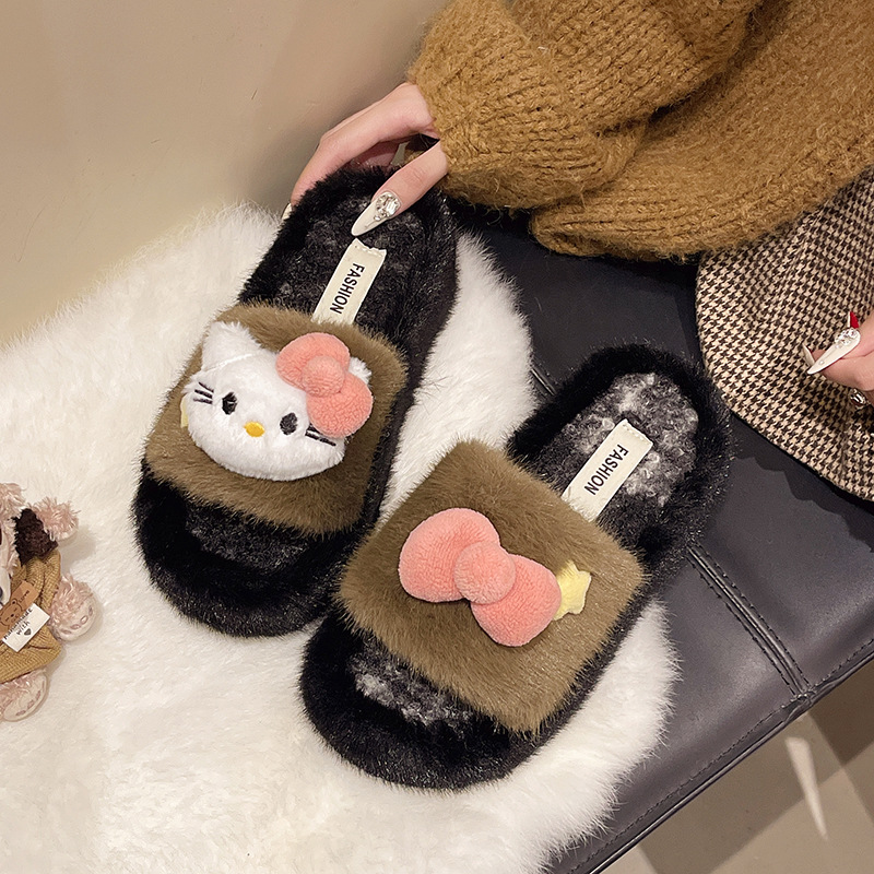 Coreana encantadora zapatillas de peluche de dibujos animados mujeres invierno / otoño gatos arco zapatillas caseras zapatillas de peluche caliente antideslizante
