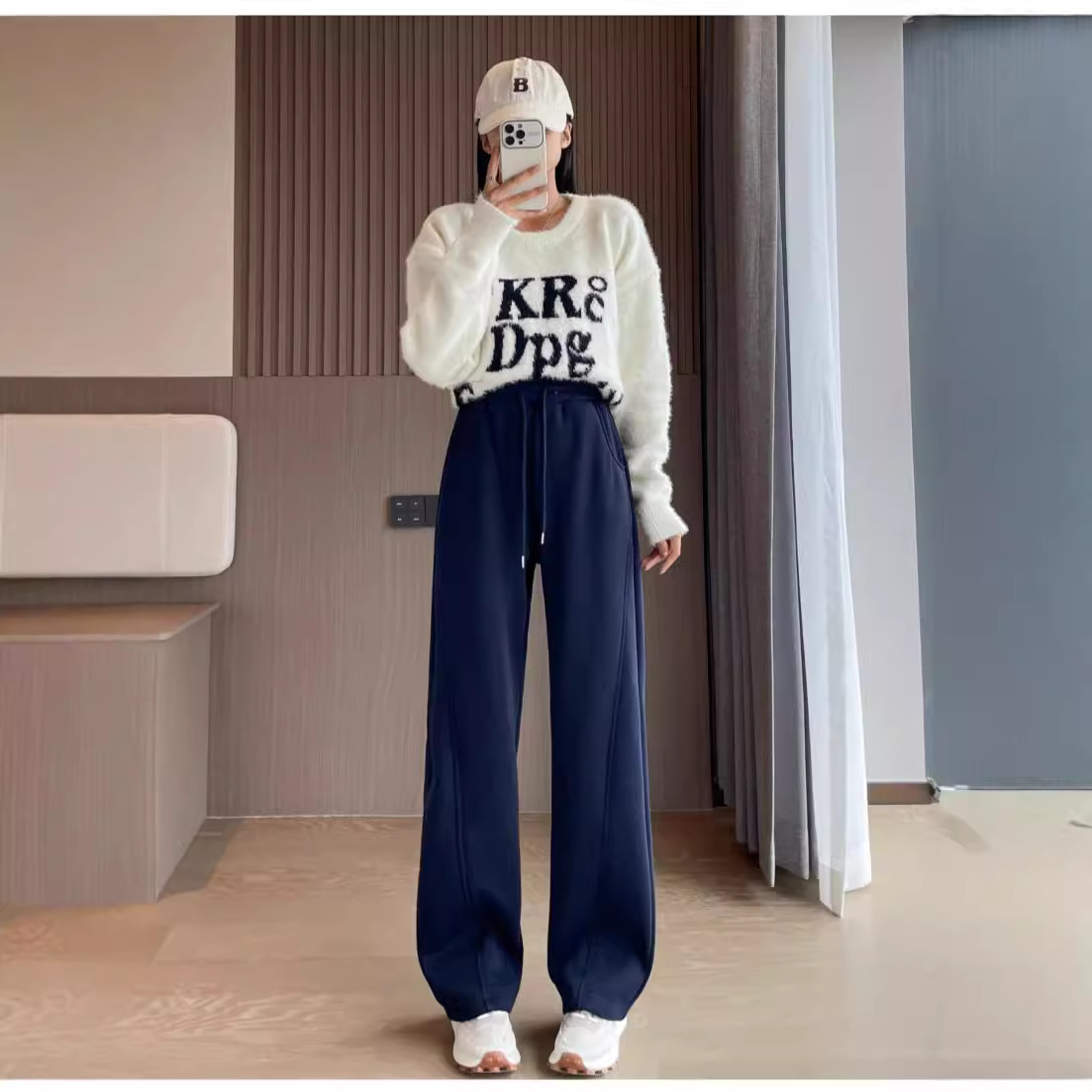 Narrow Wide Leg Pants Women's Grey Fall/Winter fleece-lined Casual Pants Straight Slim Banana Sports Pants 6991F