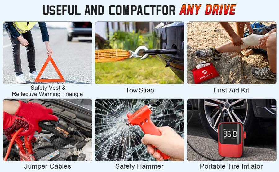 Car emergency kit toolbox for private vehicles, outdoor first aid equipment, rescue set for cars