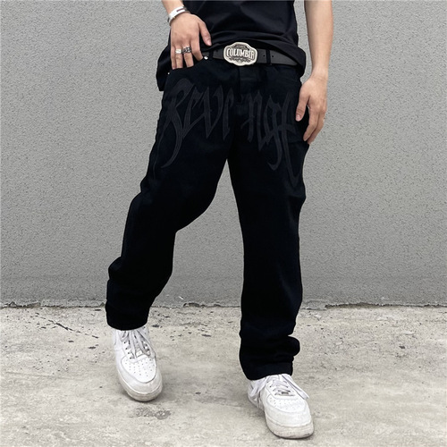 Black Jeans for Men and Women, Trendy High Street, American Retro Embroidered Letter High-Waist Straight Leg Hip-Hop Loose Jeans