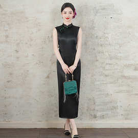 新中式旗袍女2026新款民国风黑色立领无袖旗袍裙长款修身复古旗袍
