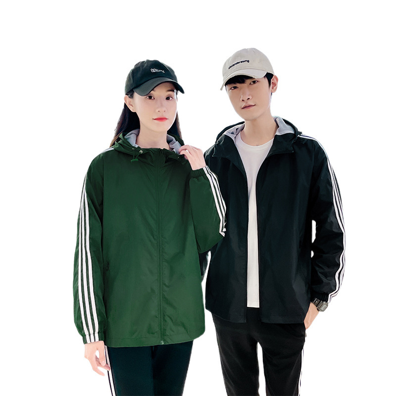 Tejido de nylon de calidad para hombres chaqueta de tres barras pareja de otoño chaqueta deportiva con capuz image 5