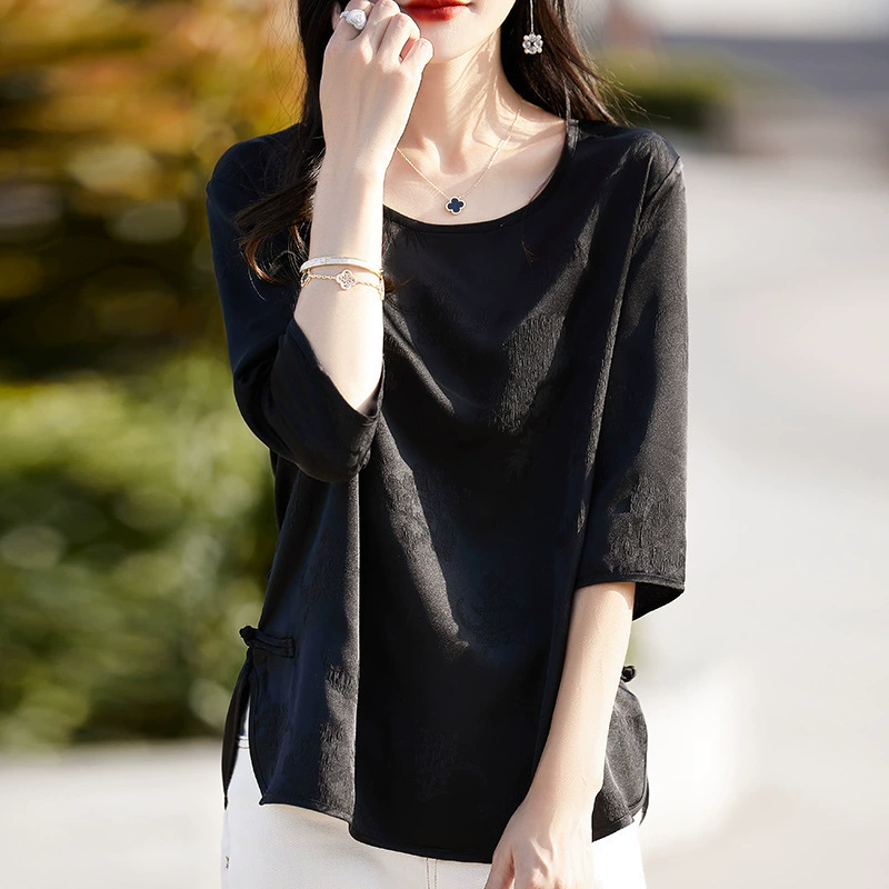 Новый китайский новый китайский стиль ацетат атласный свитер женский округлый воротник жаккардовый свободный жаккардовый топ летом 2024 года