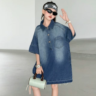 2026夏季新款洋气女大童复古毛边牛仔裙儿童时髦宽松连衣裙Polo裙