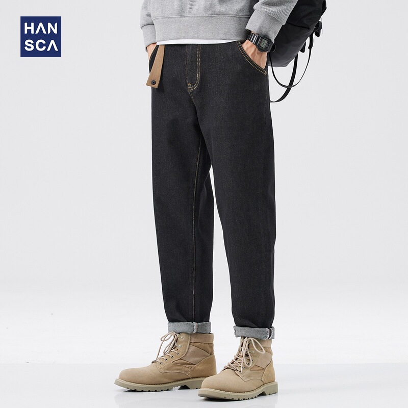 Hanska Black Denim Pants Men's Autumn and Winter Velvet-Lined Thickened Straight Loose Pants with Martin Boots for Men