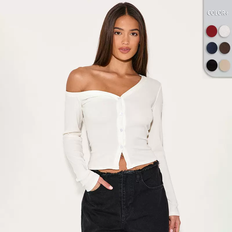 2025秋季外贸热销女装斜肩长袖纽扣针织开衫T恤Y2K辣妹风修身上衣