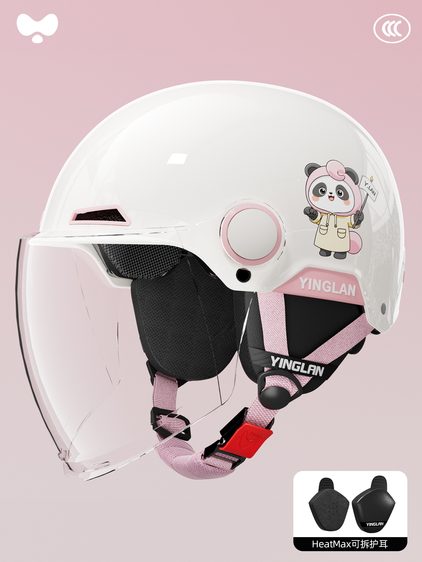 Motosiklet kaskı (dəbilqə): Universal Women's High-Value Light - 3c-pink-bubble-bear-transparent-long-mirror-four-seasons-detachable-one-size