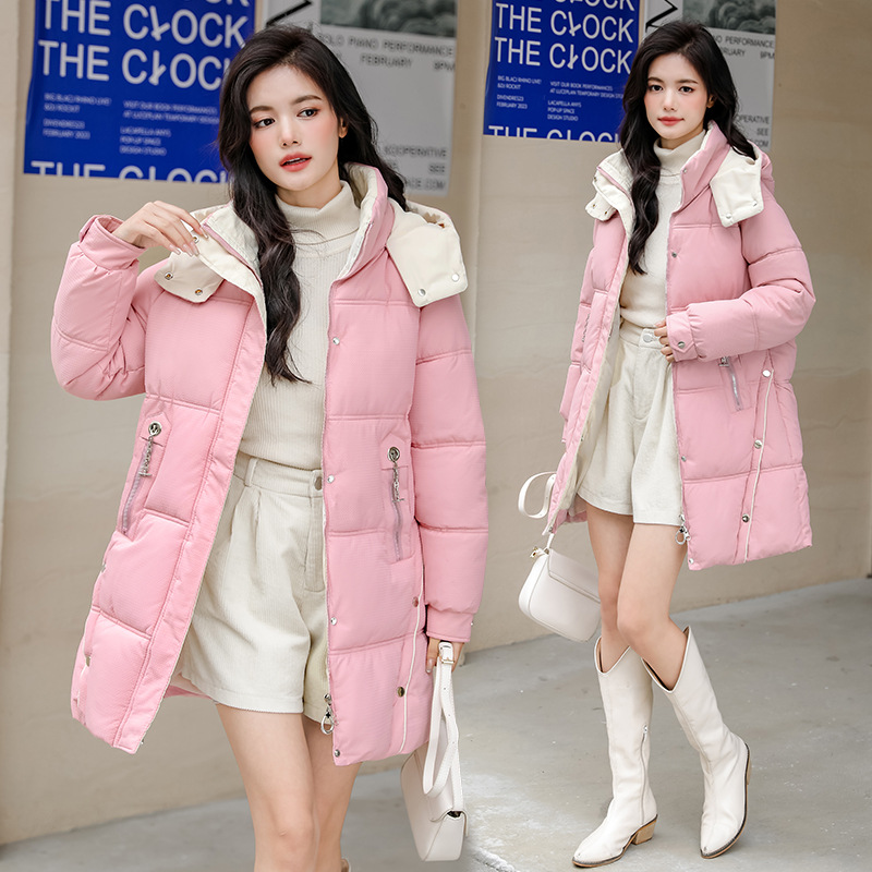 2025 invierno nuevo estilo de moda de color combinado para viajar tamaño grande relajado versátil medio y largo chaqueta de algodón caliente con capuzas image 1