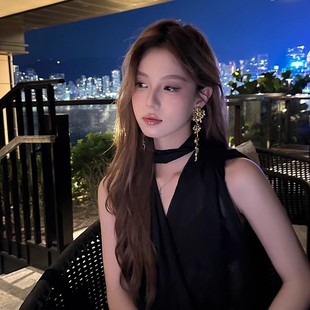 [法式金色花朵流苏耳环夸张复古高级感气质方圆脸宴会耳坠中古耳饰]