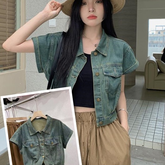 Retro Thin Denim Shirt Jacket for Women, New Summer Style, Loose Short Single-Breasted Turn-Down Collar Short-Sleeve Top Jacket