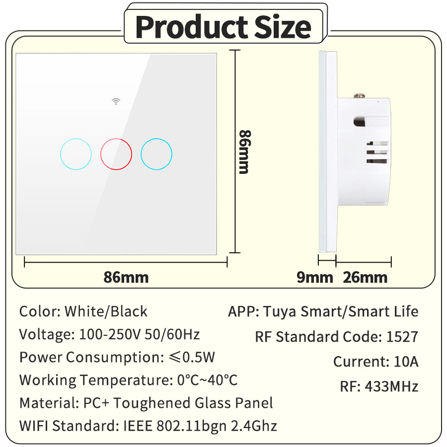 Interruptor Inteligente Tipo 86 de Vidrio Templado WiFi Bluetooth RF433 image 6