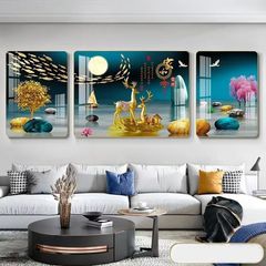 ライト高級リビングルーム装飾絵画ソファ背景壁掛け絵画ハイエンドトリプル風景モダンシンプルなクリスタル磁器壁画ラウンドコーナー