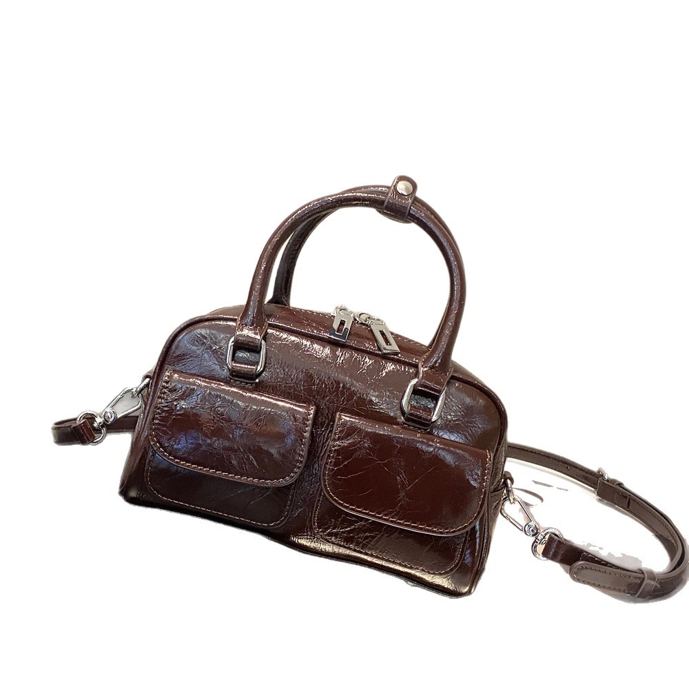 Genuine Leather Retro Handbag For Women, Cracked Cowhide Fashion Simple Bowling Boston Bag, Commuter Shoulder Bag - Thumbnail 5