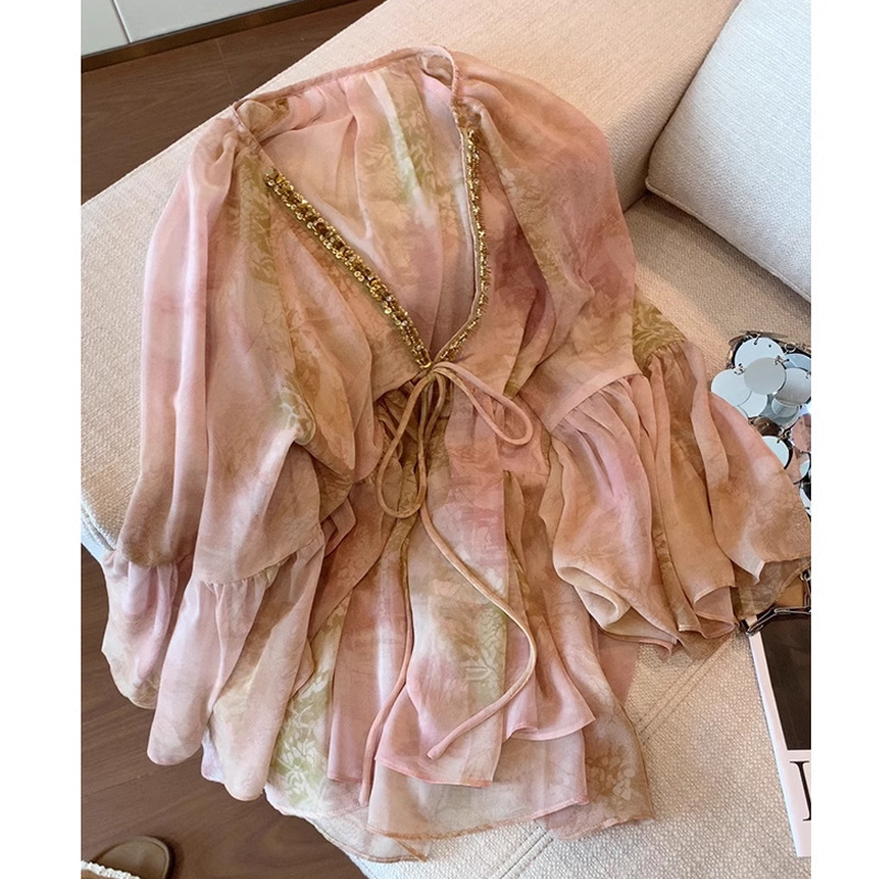 French Stitching Sequin Chiffon V-neck Shirt Women's Summer New Design Sense Gentle Cool Elegant Thin Top