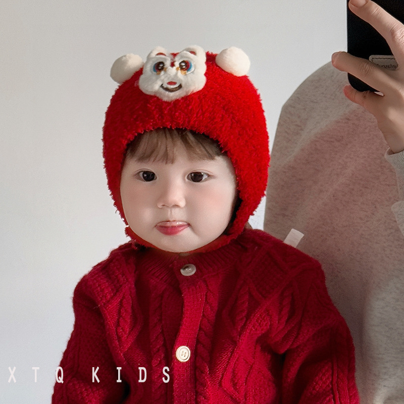 红色新年帽婴儿帽子秋冬季宝宝护耳帽男女童套头帽保暖加厚小月龄