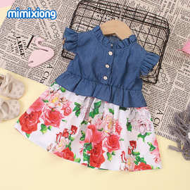 ins热卖夏季新款欧美女童连衣裙 牛仔印花裙