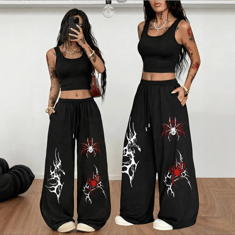 Women's Wide-Leg High-Waisted Pants with Adjustable Drawstring, Casual Lightweight Gothic Spider Print Wide-Leg Trousers Women's Wide-Leg High-Waisted Pants with Adjustable Drawstring, Casual Lightweight Gothic Spider Print Wide-Leg Trousers