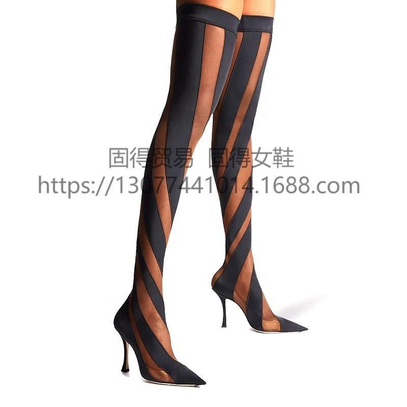 European and American fashion stretch boots women's high heel transparent mesh socks boots hollow color matching boots striped knee boots