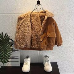 Boy's Corduroy Jacket 2023 New Trendy Baby Thick Collarless Coat Winter Warm Fleece Top Children's Cotton Jacket